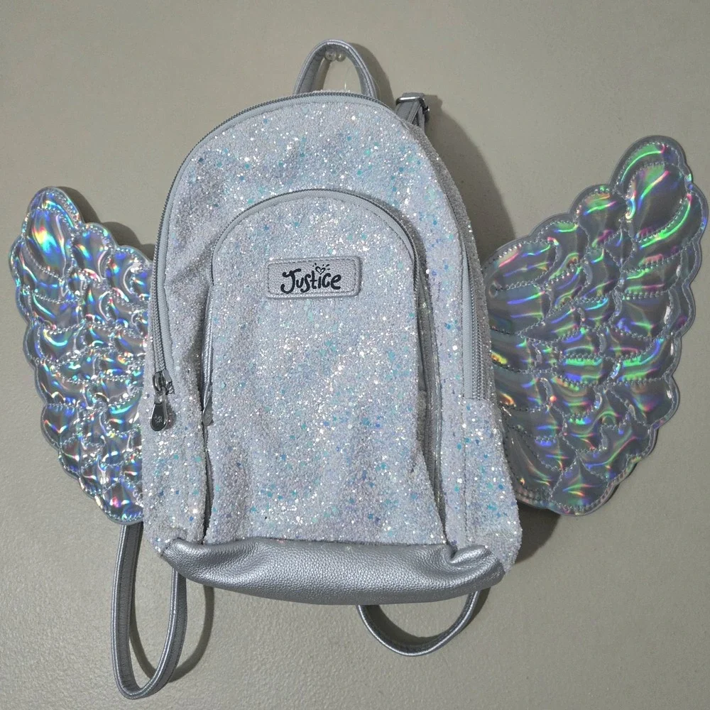 Deadstock 2018 Justice Angel Wings Mini Backpack NWT Silver Glitter